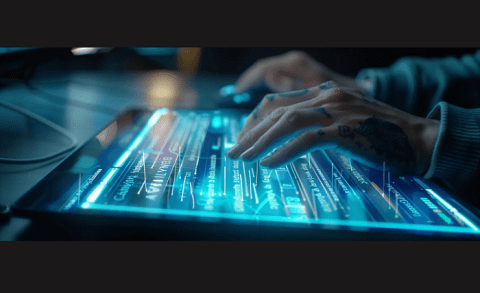 A person typing on a sleek, futuristic laptop, illustrating how to use a self service knowledge base.