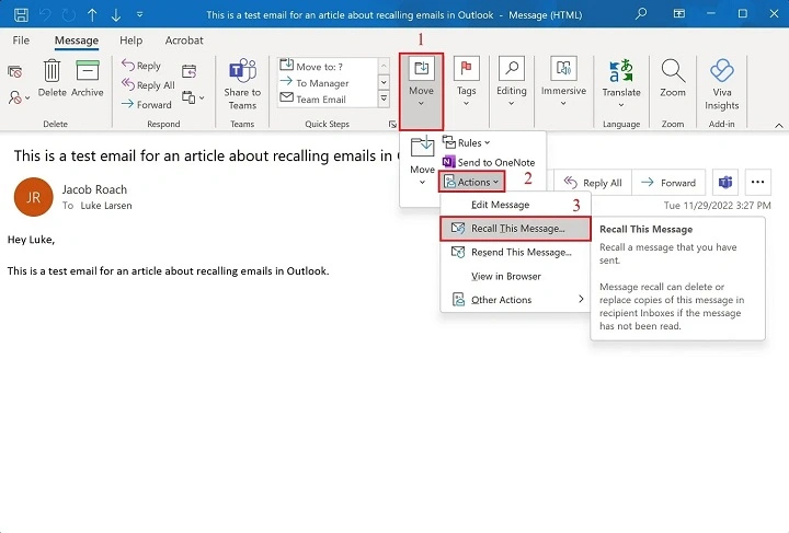 how to recall a email in outlook