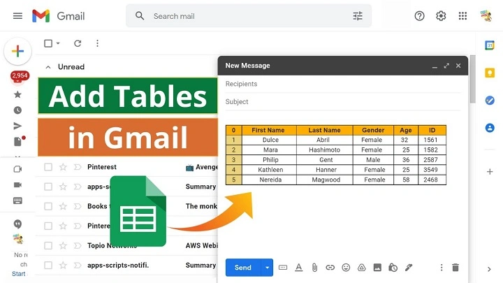 how to create a table in gmails